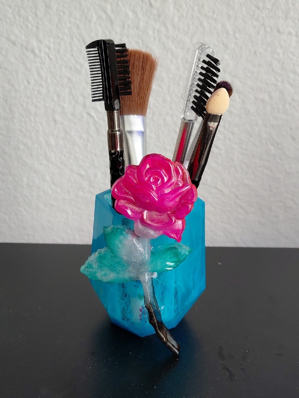 Handcrafted Makeup Brush Holder with Pink Rose Accent